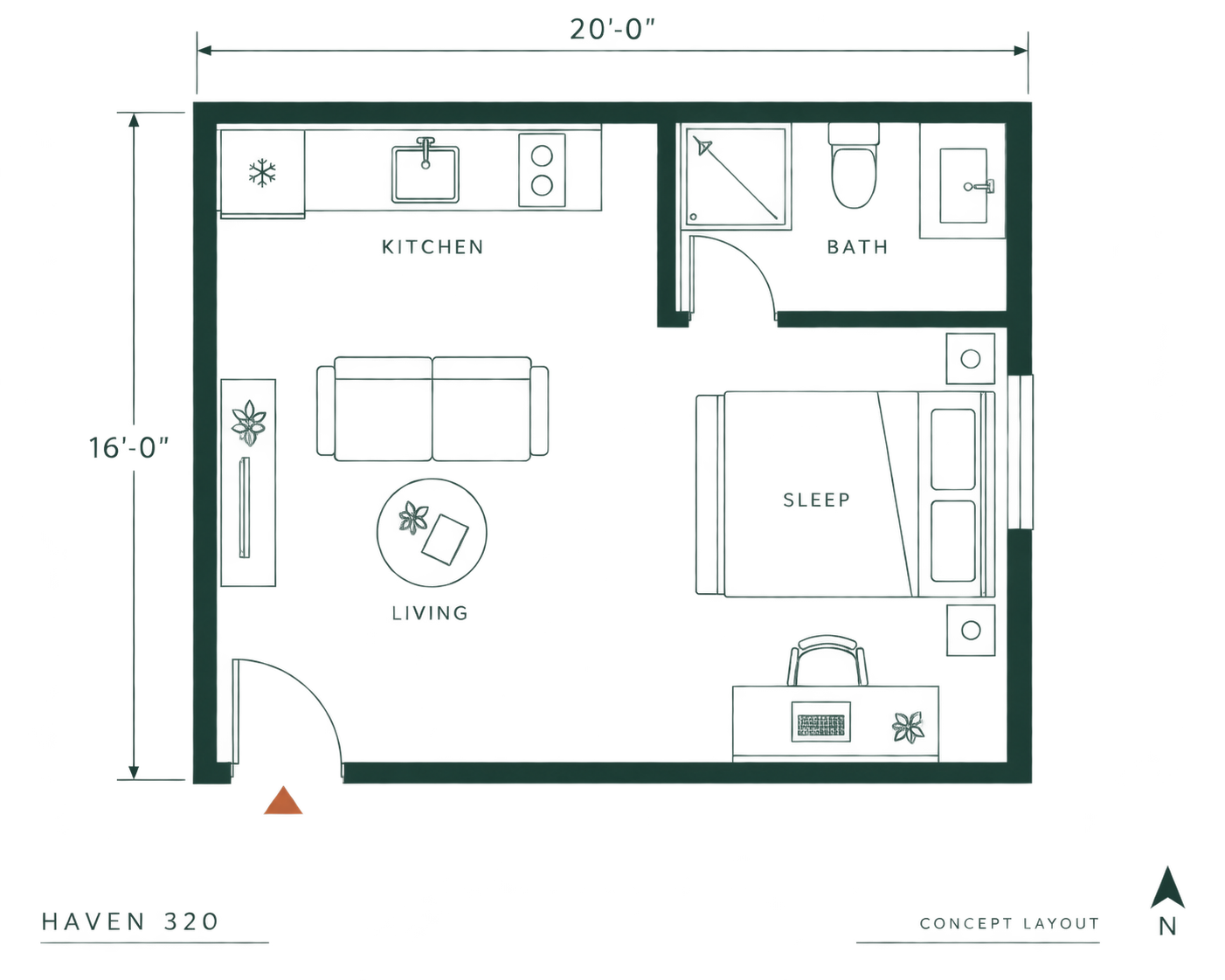 Haven 320 conceptual floor plan: kitchen and bathroom at rear, bed and desk on the right, living area and entry on the left